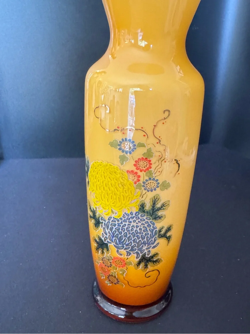 Yellow Ombre Floral Glass Vase with Painted Chrysanthemums